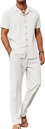 COOFANDY Men's 2 Piece Linen Set – Beach Shirt & Casual Loose Pants