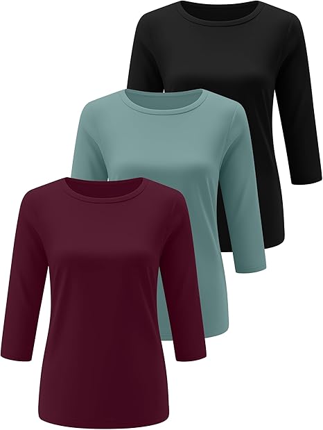 Ficerd 3 Pack Women’s 3/4 Sleeve Tops – Casual Loose Fit Round Neck Tees
