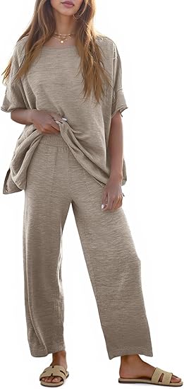 Tankaneo Women's 2 Piece Knit Sweater Lounge Set with Wide Leg Pants