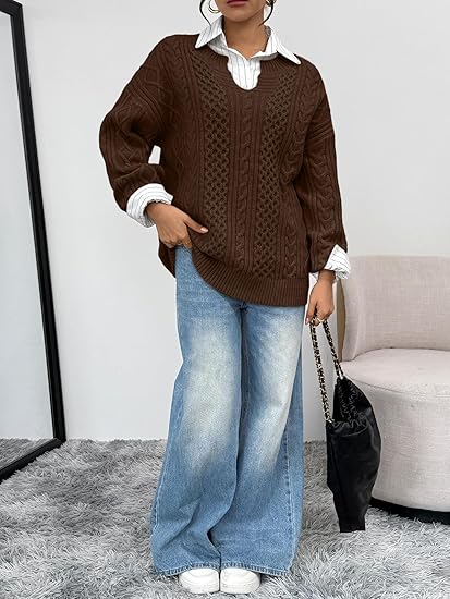 Trendy Queen Women's V Neck Oversized Cable Knit Sweater