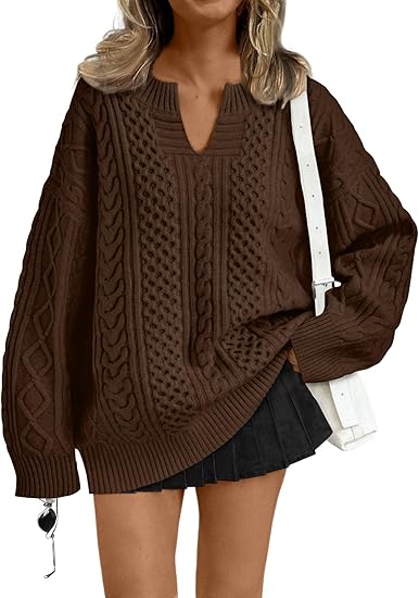 Trendy Queen Women's V Neck Oversized Cable Knit Sweater