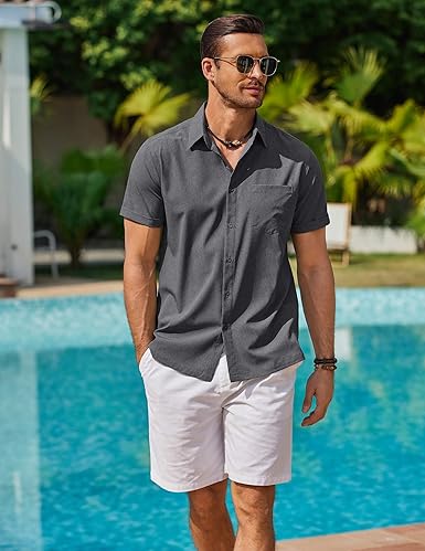 COOFANDY Men's Short Sleeve Linen Beach Shirt Casual Button Down Pocket