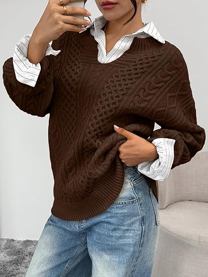 Trendy Queen Women's V Neck Oversized Cable Knit Sweater