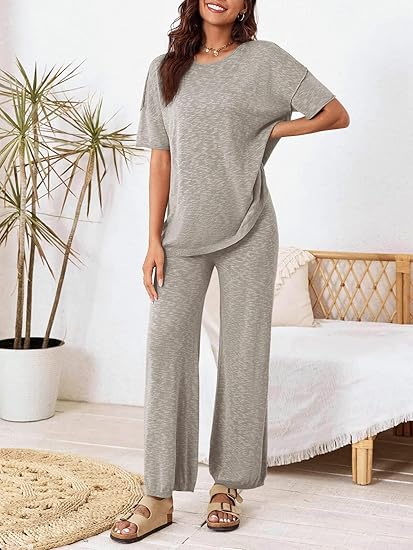 Tankaneo Women's 2 Piece Knit Sweater Lounge Set with Wide Leg Pants