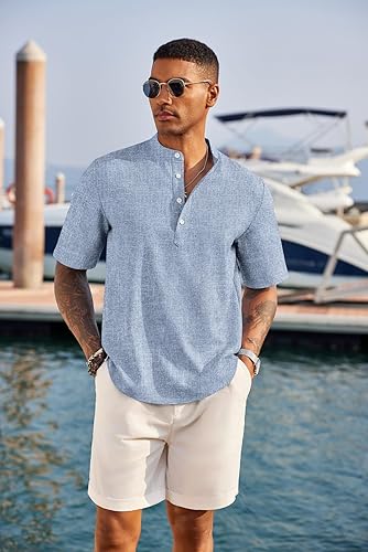 COOFANDY Men's Linen Henley Shirt Short Sleeve Band Collar Casual Tee