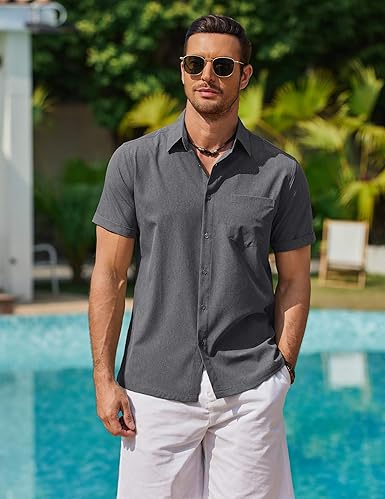 COOFANDY Men's Short Sleeve Linen Beach Shirt Casual Button Down Pocket