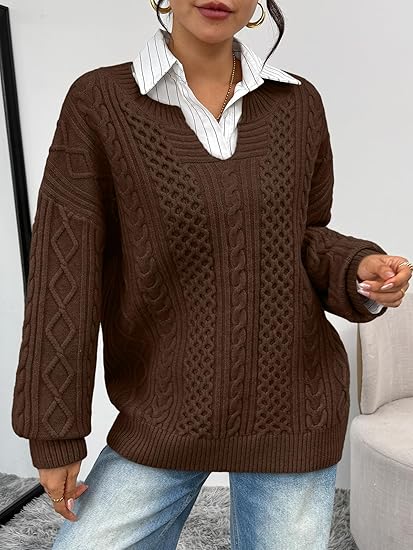 Trendy Queen Women's V Neck Oversized Cable Knit Sweater