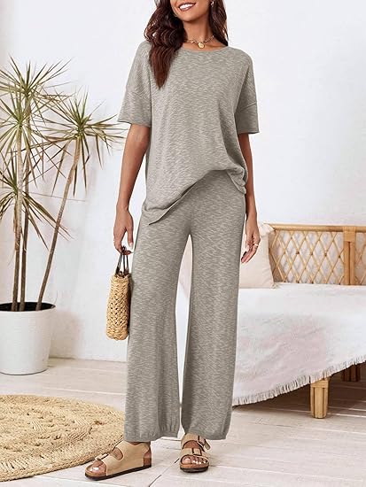 Tankaneo Women's 2 Piece Knit Sweater Lounge Set with Wide Leg Pants