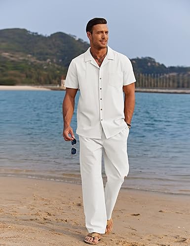 COOFANDY Men's 2 Piece Linen Set – Beach Shirt & Casual Loose Pants