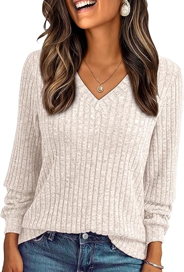 AUTOMET Women’s V-Neck Long Sleeve Top – Fall Fashion Casual Sweater 2025