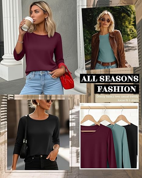 Ficerd 3 Pack Women’s 3/4 Sleeve Tops – Casual Loose Fit Round Neck Tees