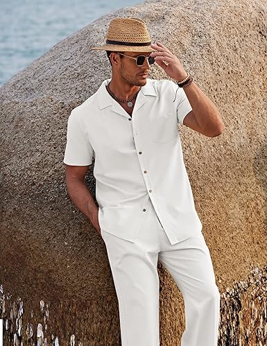 COOFANDY Men's 2 Piece Linen Set – Beach Shirt & Casual Loose Pants