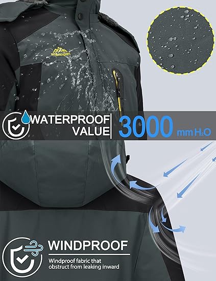 TACVASEN Men’s Waterproof Ski Jacket – Winter Snow Coat with Fleece Lining & Hood