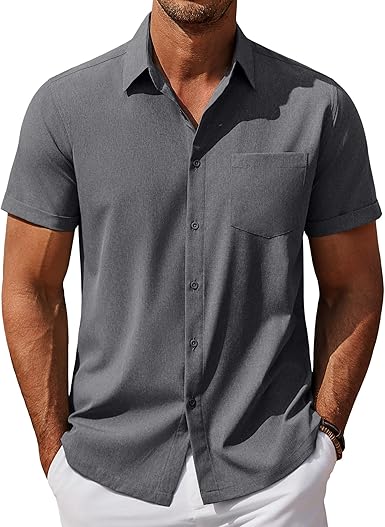 COOFANDY Men's Short Sleeve Linen Beach Shirt Casual Button Down Pocket