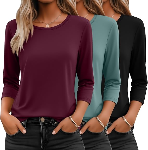 Ficerd 3 Pack Women’s 3/4 Sleeve Tops – Casual Loose Fit Round Neck Tees