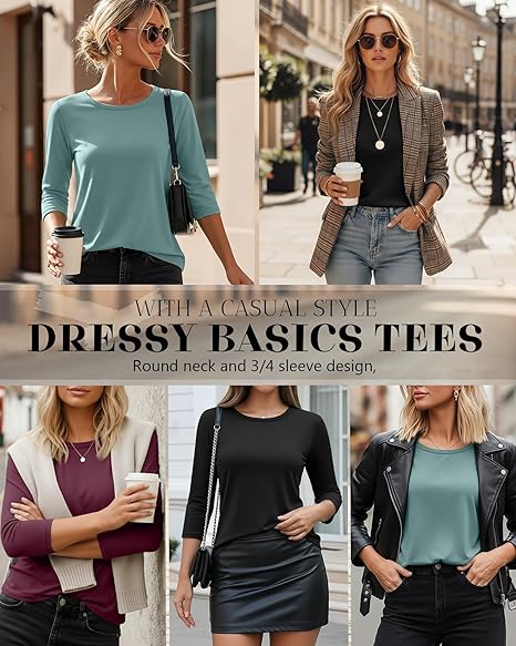 Ficerd 3 Pack Women’s 3/4 Sleeve Tops – Casual Loose Fit Round Neck Tees