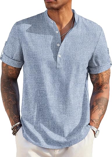 COOFANDY Men's Linen Henley Shirt Short Sleeve Band Collar Casual Tee