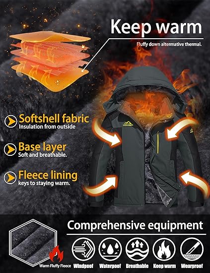 TACVASEN Men’s Waterproof Ski Jacket – Winter Snow Coat with Fleece Lining & Hood