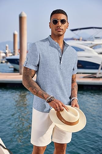 COOFANDY Men's Linen Henley Shirt Short Sleeve Band Collar Casual Tee