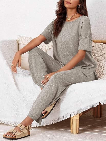 Tankaneo Women's 2 Piece Knit Sweater Lounge Set with Wide Leg Pants