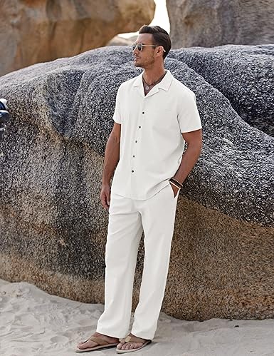 COOFANDY Men's 2 Piece Linen Set – Beach Shirt & Casual Loose Pants