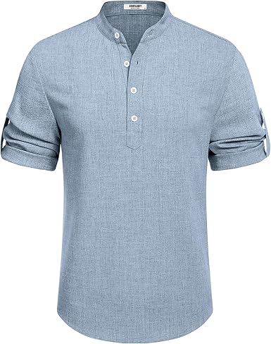 COOFANDY Men's Linen Henley Shirt Short Sleeve Band Collar Casual Tee