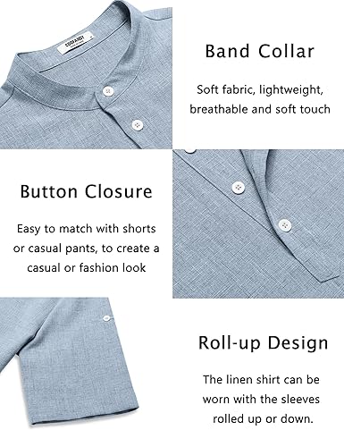 COOFANDY Men's Linen Henley Shirt Short Sleeve Band Collar Casual Tee